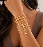 Gold Tone Beaded Stretch Bracelet Set with Heart Charm, 7 Piece