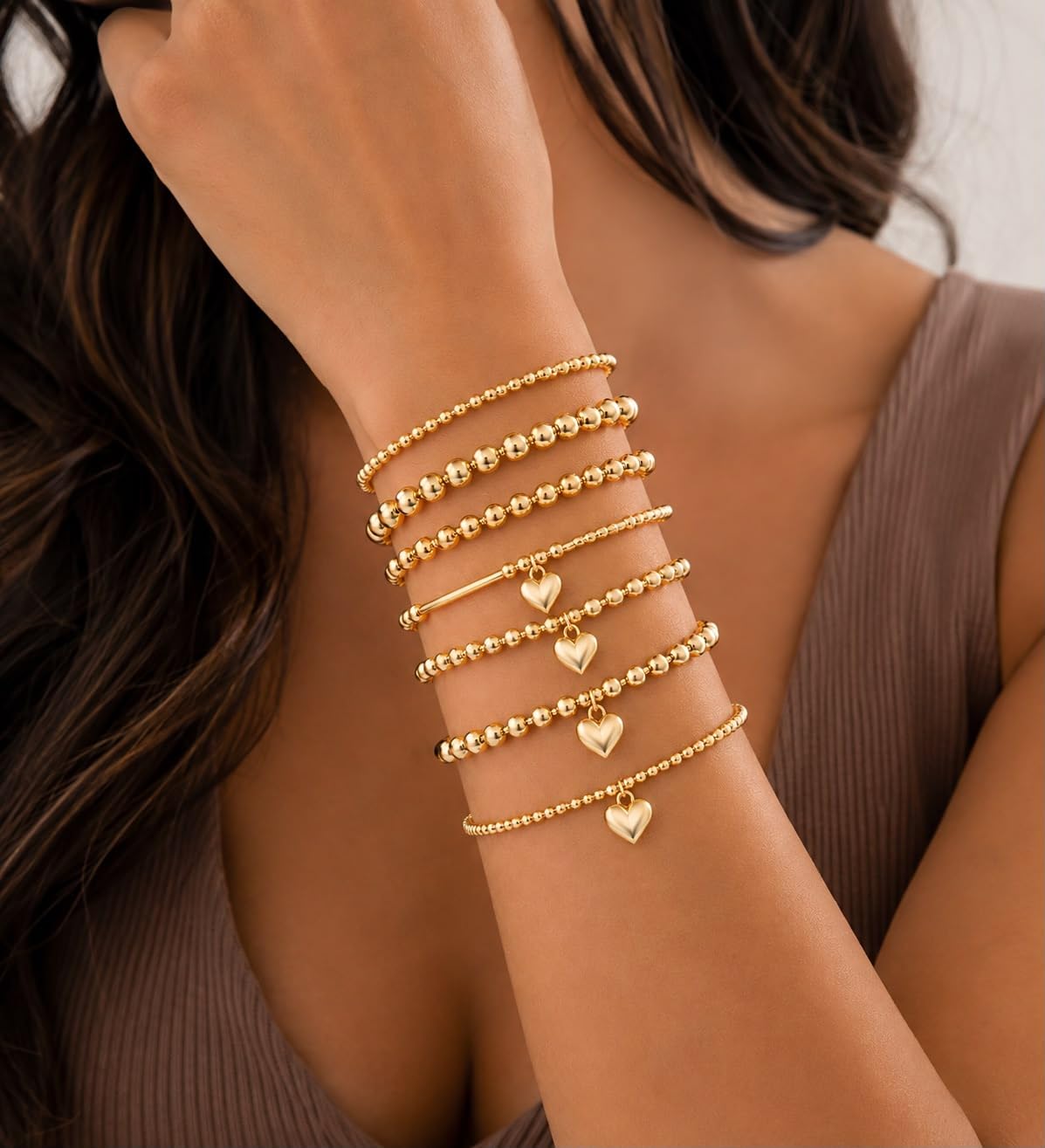Gold Tone Beaded Stretch Bracelet Set with Heart Charm, 7 Piece
