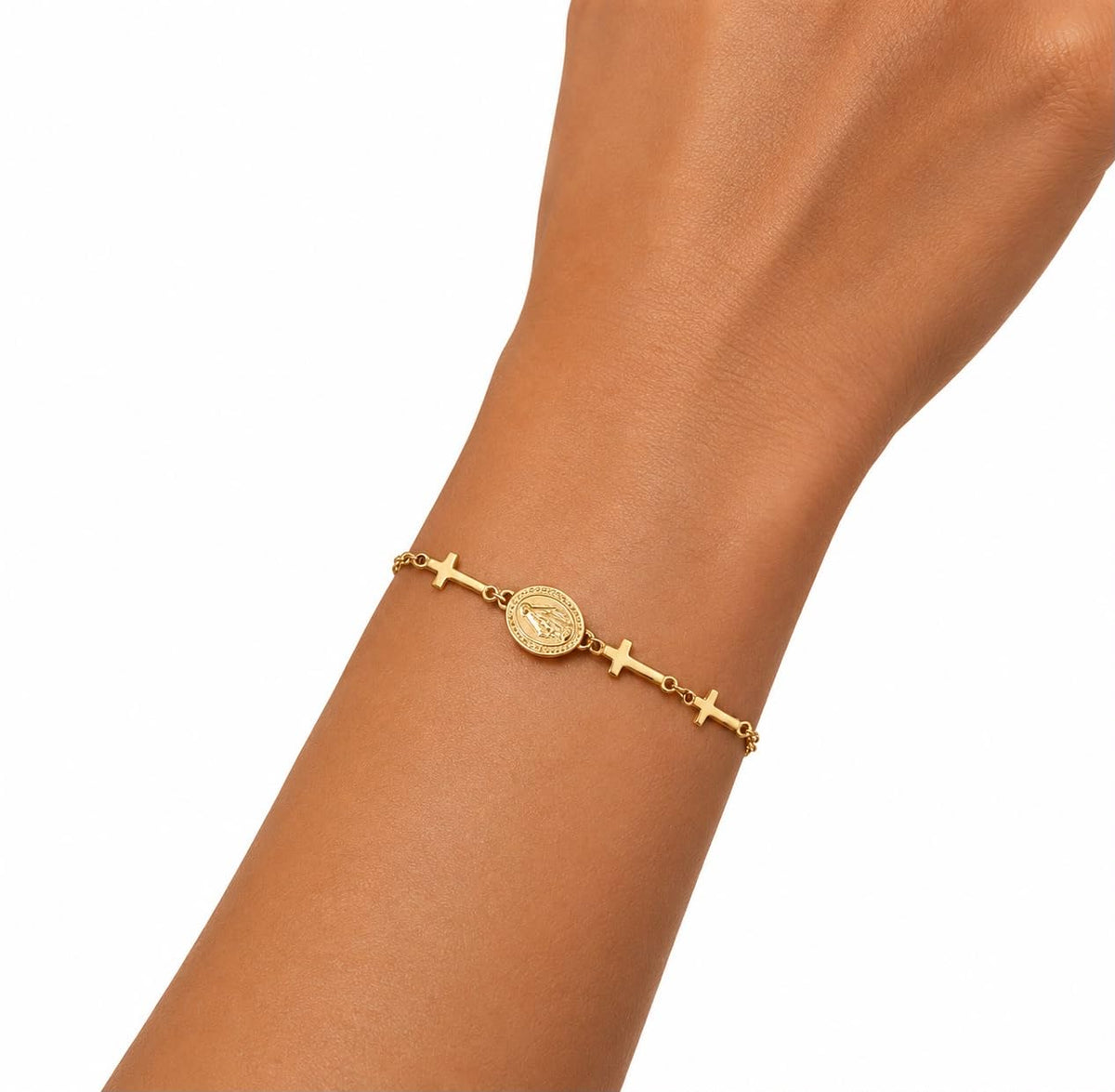 Stainless Steel Religious Bracelet with Virgin Mary Medal & Crosses