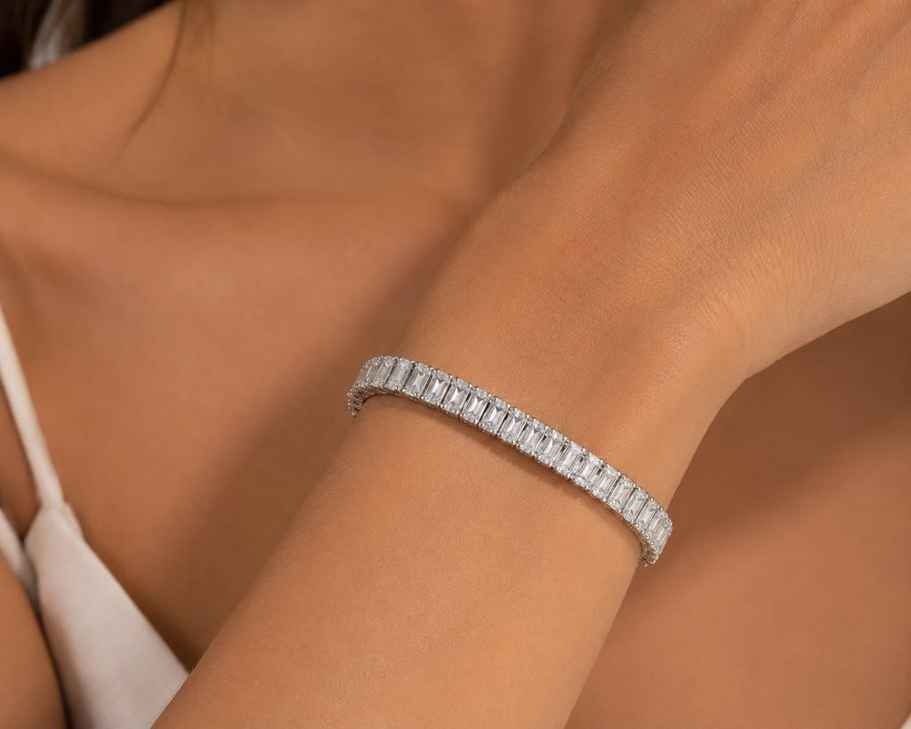 925 Sterling Silver Tennis Bracelet with Clear Rectangular Stones