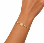 Stainless Steel Religious Bracelet with Virgin Mary medal & croses ; 18k Gold Plated, adjustable for women and men, faith jewelry gift