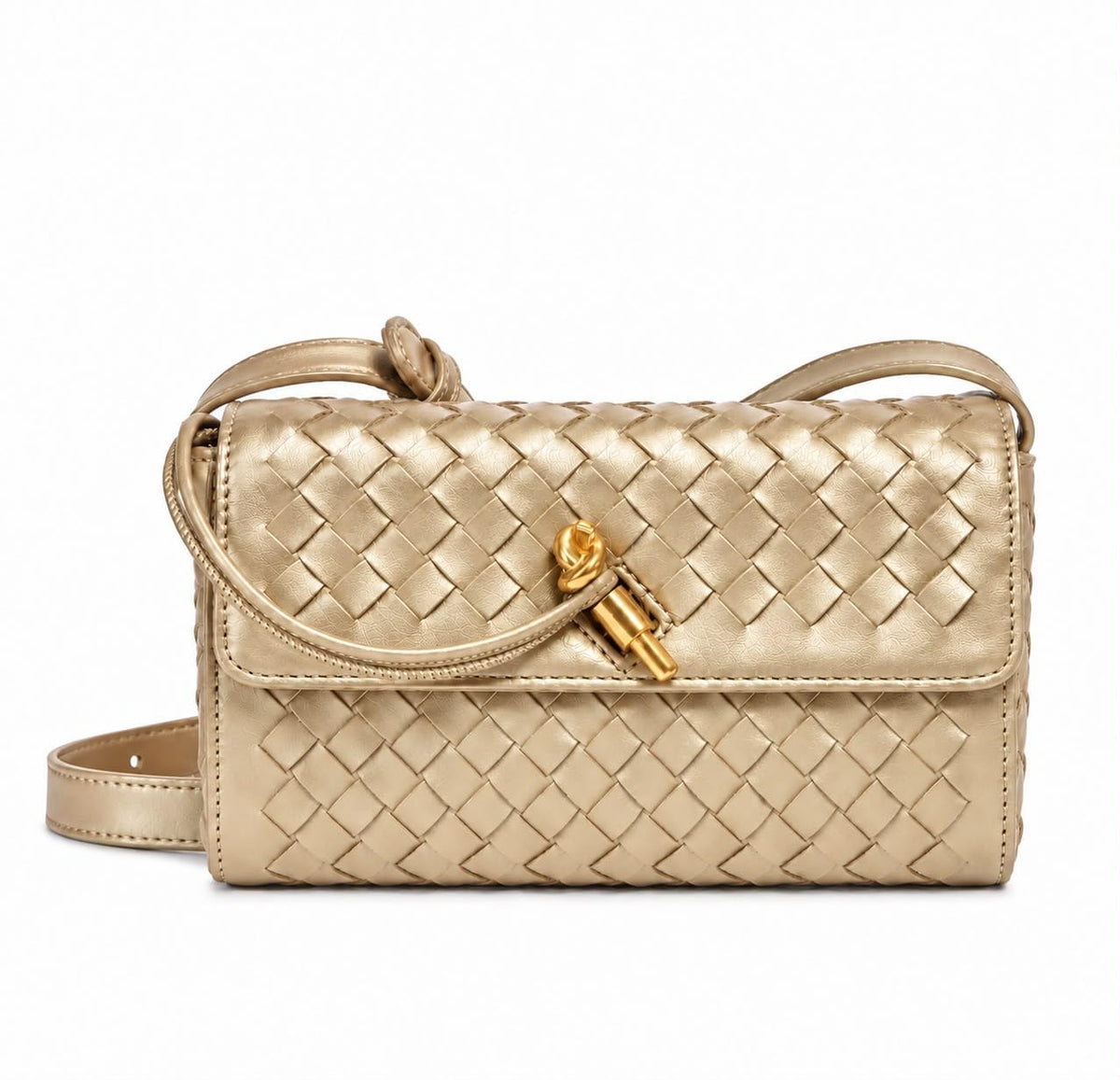 Woven Leather Crossbody Bag with Gold-Tone Knot Closure