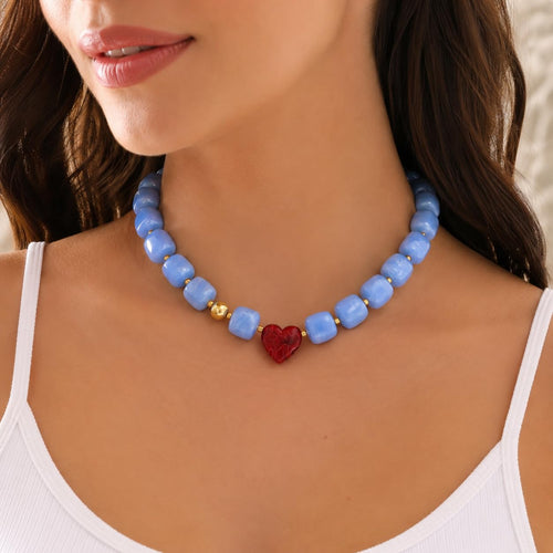 Blue Resin Beaded Necklace for Women with Red Heart Pendant, Gold-Tone Accents, Trendy Chunky Statement Jewelry