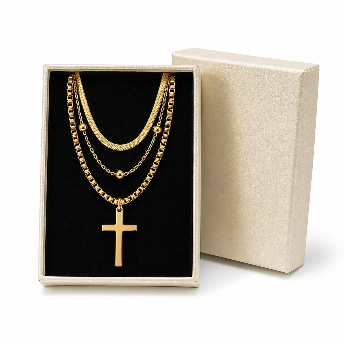 3-in-1 Layered Cross Pendant Necklace Gold-Plated Stainless Steel Included with Gift Box