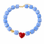 Blue Resin Beaded Necklace for Women with Red Heart Pendant, Gold-Tone Accents, Trendy Chunky Statement Jewelry