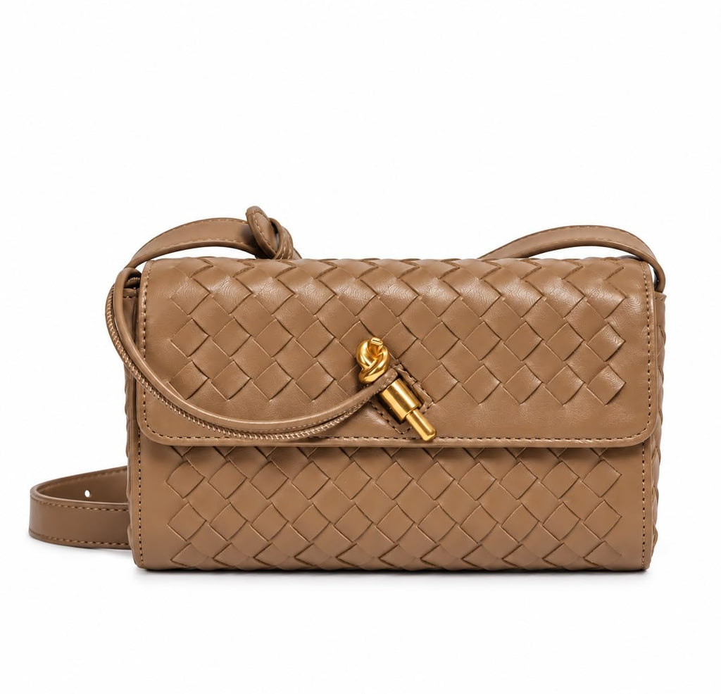 Woven Leather Crossbody Bag with Gold-Tone Knot Closure