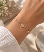Stainless Steel Religious Bracelet with Virgin Mary medal & croses ; 18k Gold Plated, adjustable for women and men, faith jewelry gift