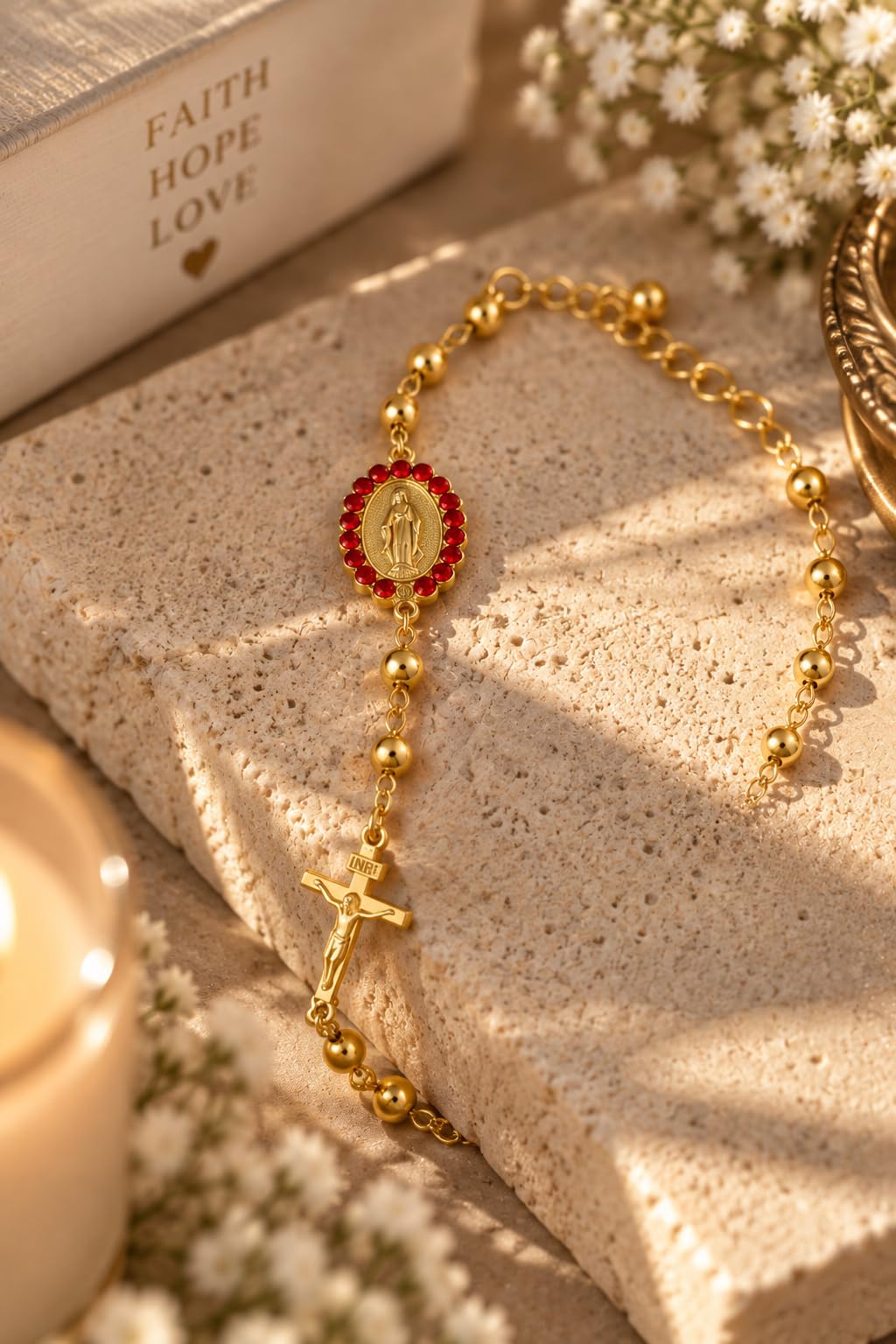Gold-Plated Rosary Bracelet with Virgin Mary Medal and Crucifix