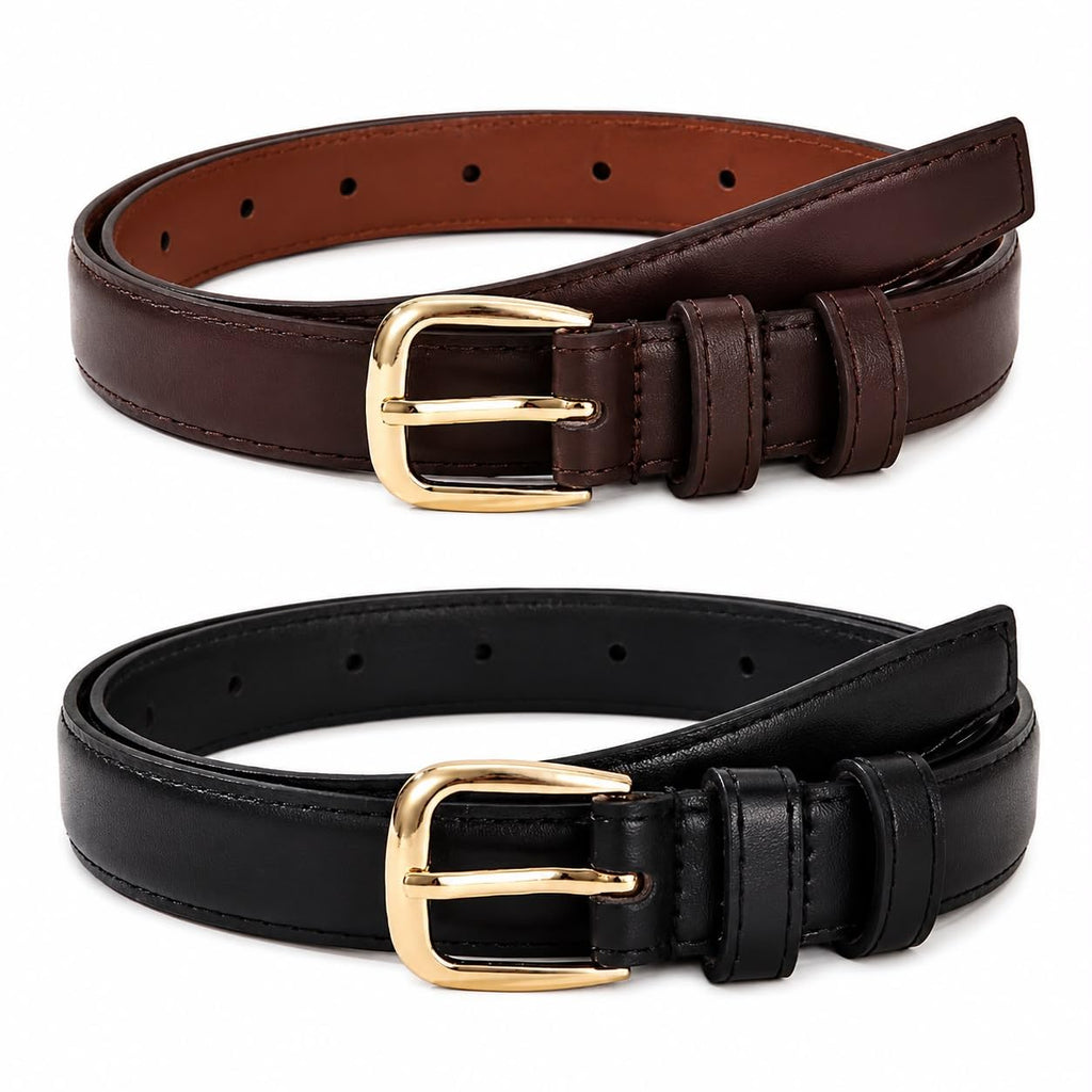 Women's Leather Belt, Black and Brown, 2 Pack