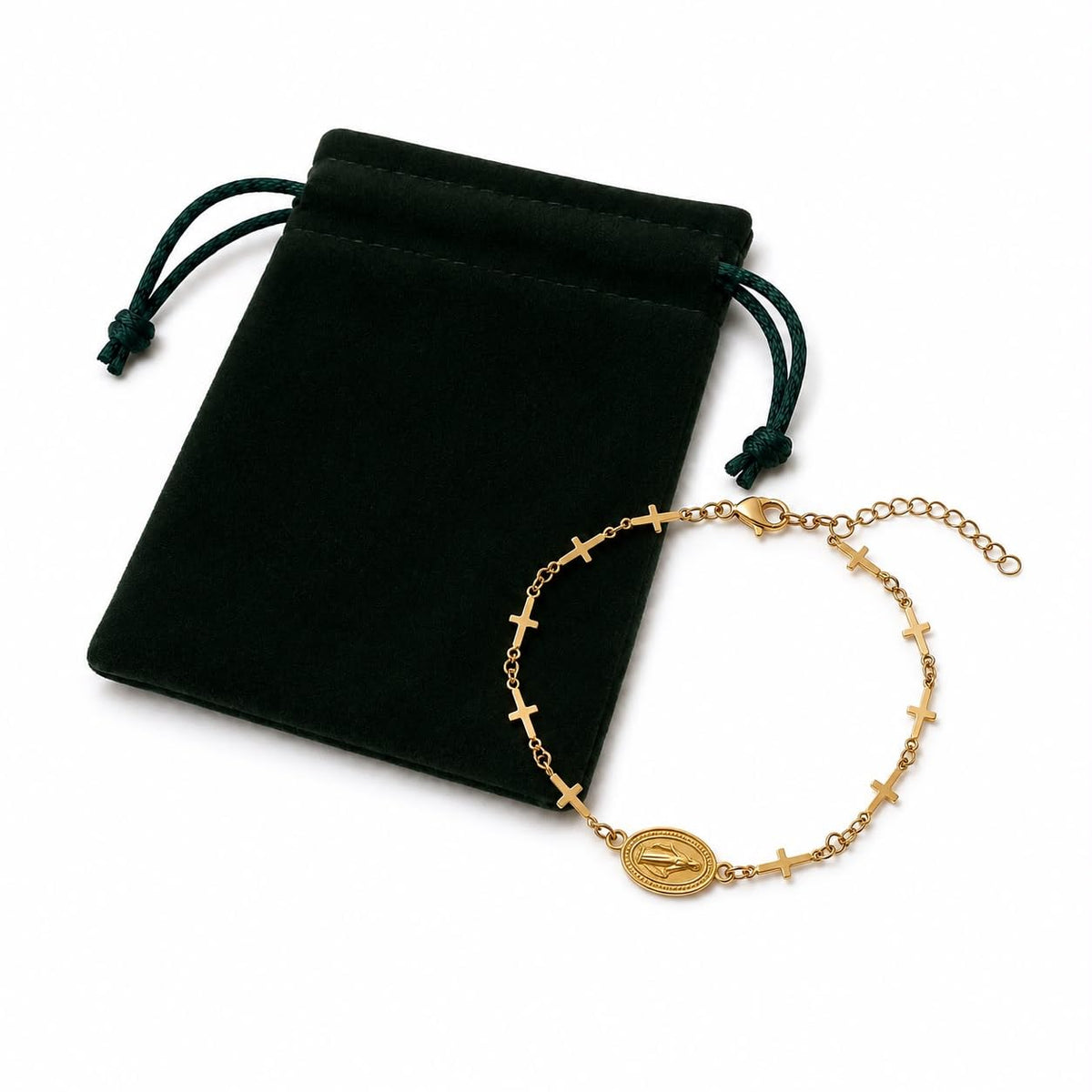 Stainless Steel Religious Bracelet with Virgin Mary Medal & Crosses