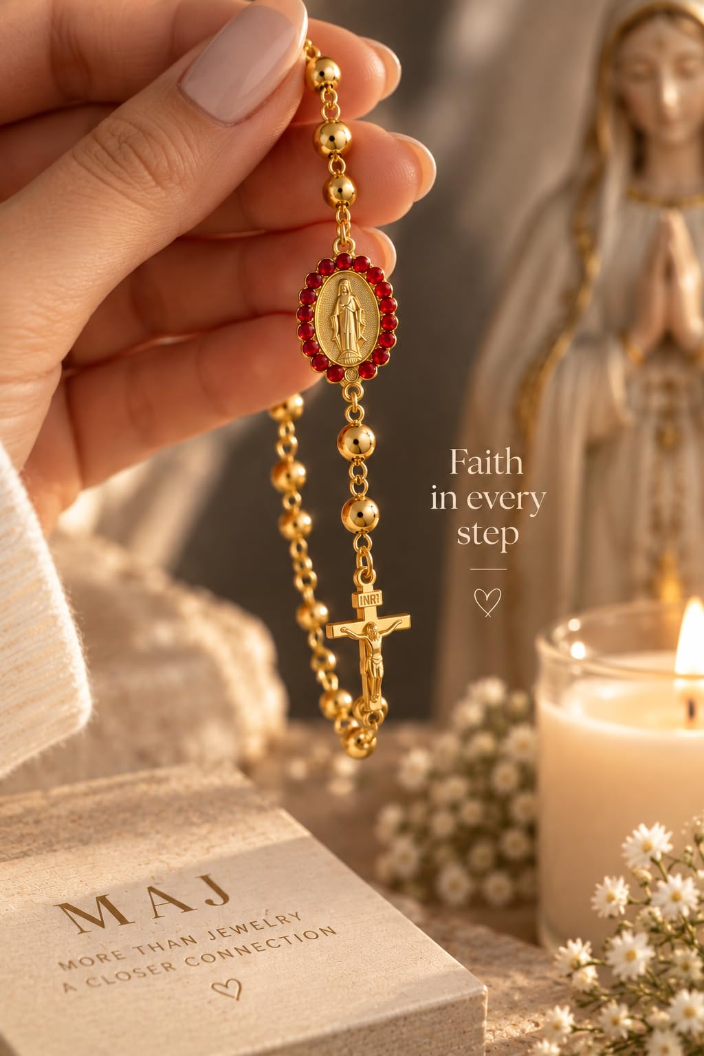Gold-Plated Rosary Bracelet with Virgin Mary Medal and Crucifix