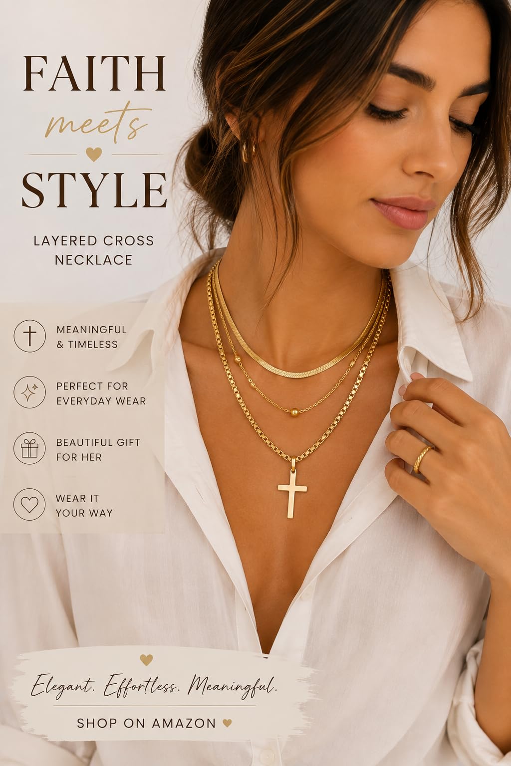 3-in-1 Layered Cross Pendant Necklace Gold-Plated Stainless Steel Included with Gift Box