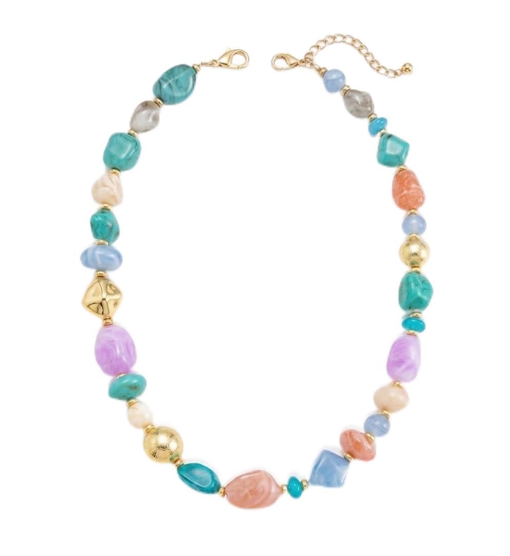 Multicolor Pastel Beaded Necklace with Gold-Tone Accents