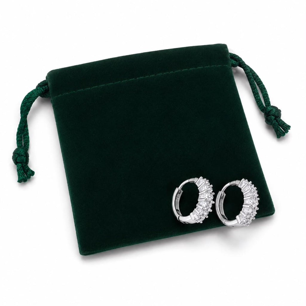 925 Sterling Silver Huggie Hoop Earrings for Women, Sparkling CZ Double Row Small Hoops, Elegant Lightweight Jewelry, Gift Pouch Included