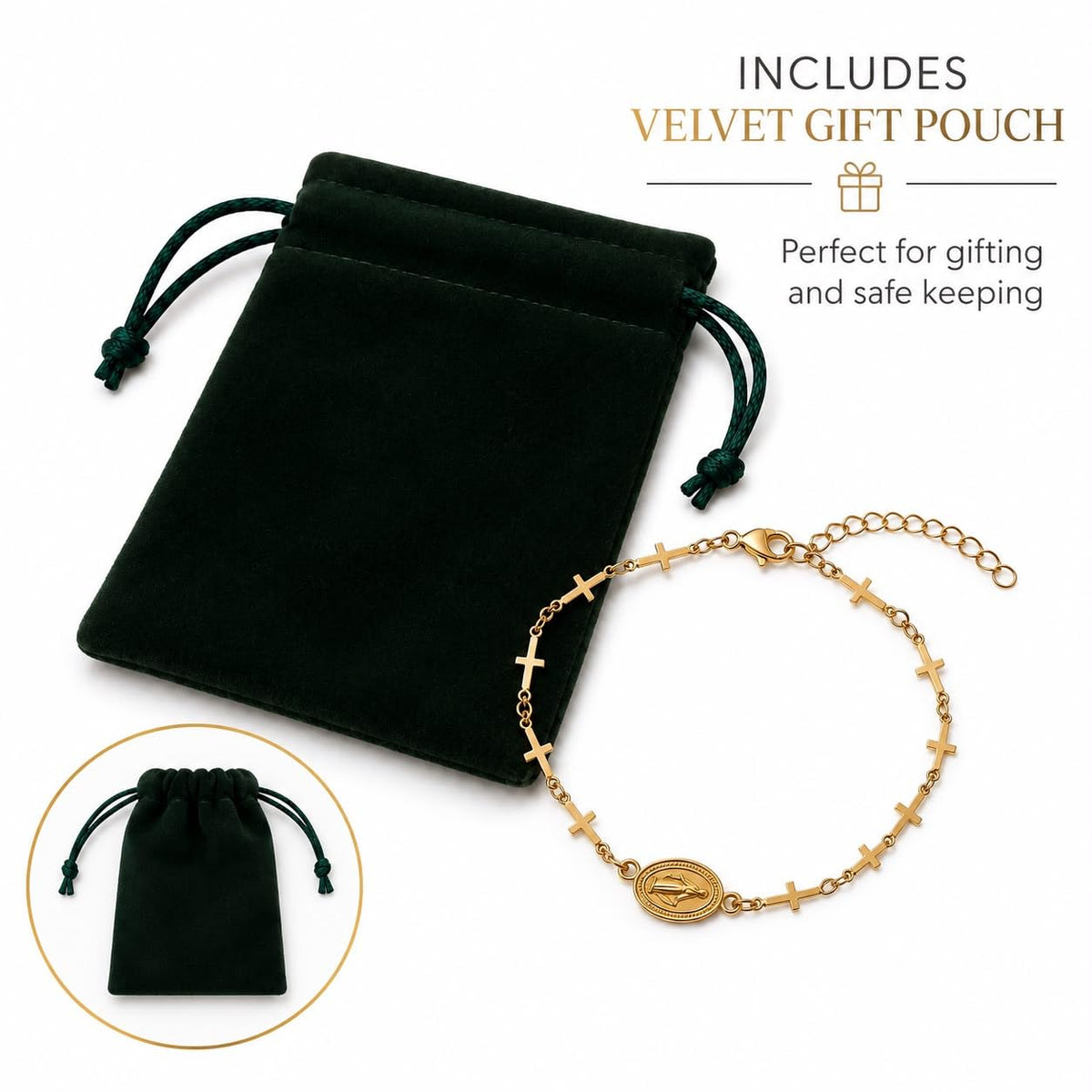 Stainless Steel Religious Bracelet with Virgin Mary Medal & Crosses