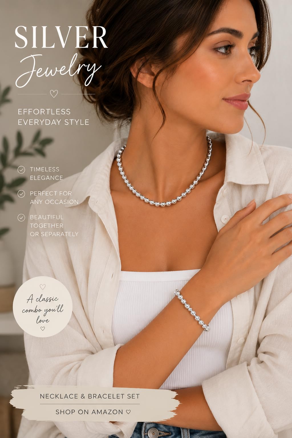 925 Silver Beaded Necklace and Bracelet Jewelry Set for Women