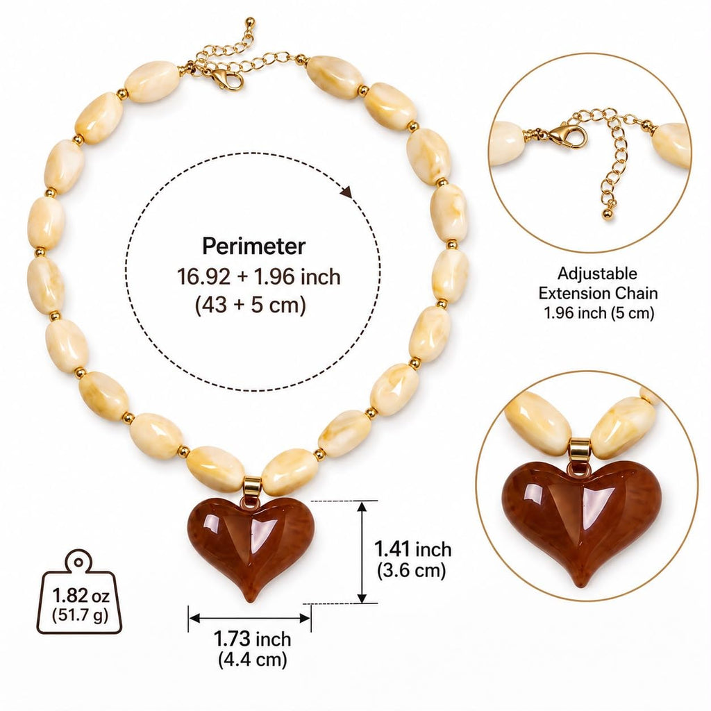 Beaded Heart Pendant Necklace, Cream & Brown