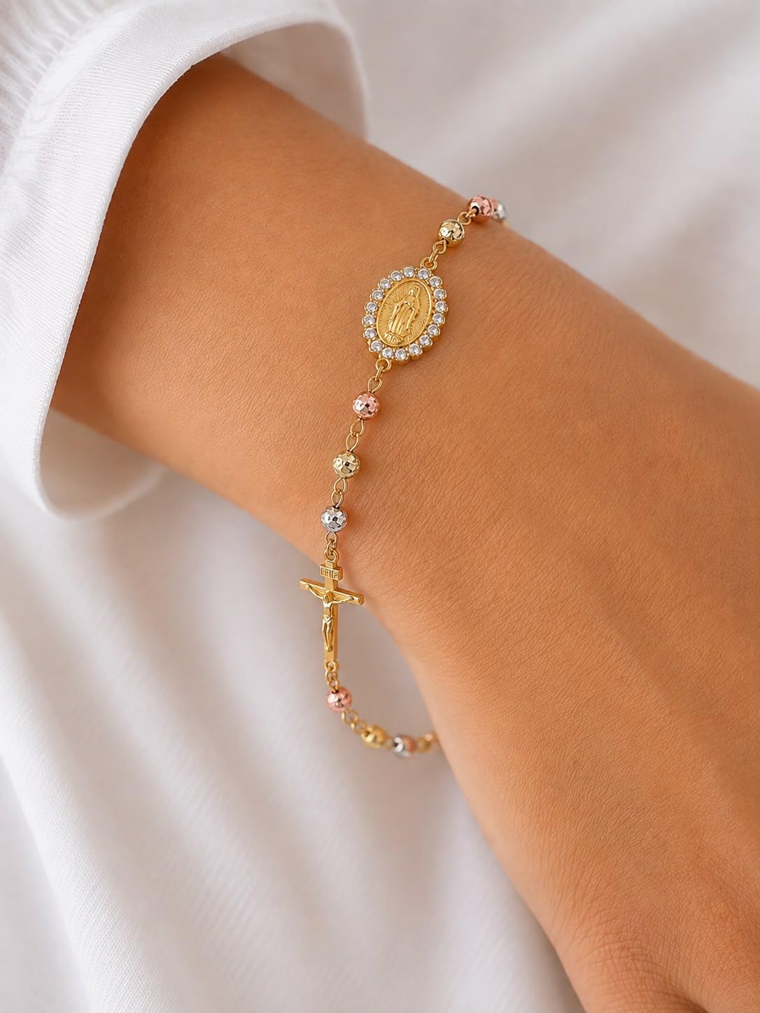 Gold-Plated Rosary Bracelet with Virgin Mary Medal and Crucifix