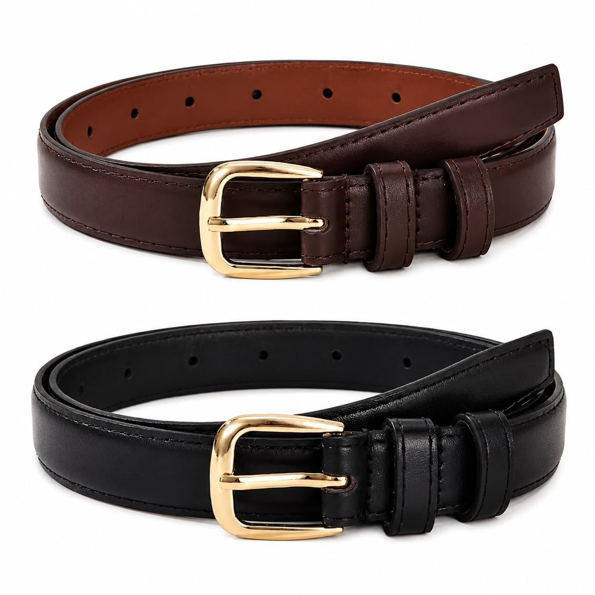 Women's Leather Belt, Black and Brown, 2 Pack