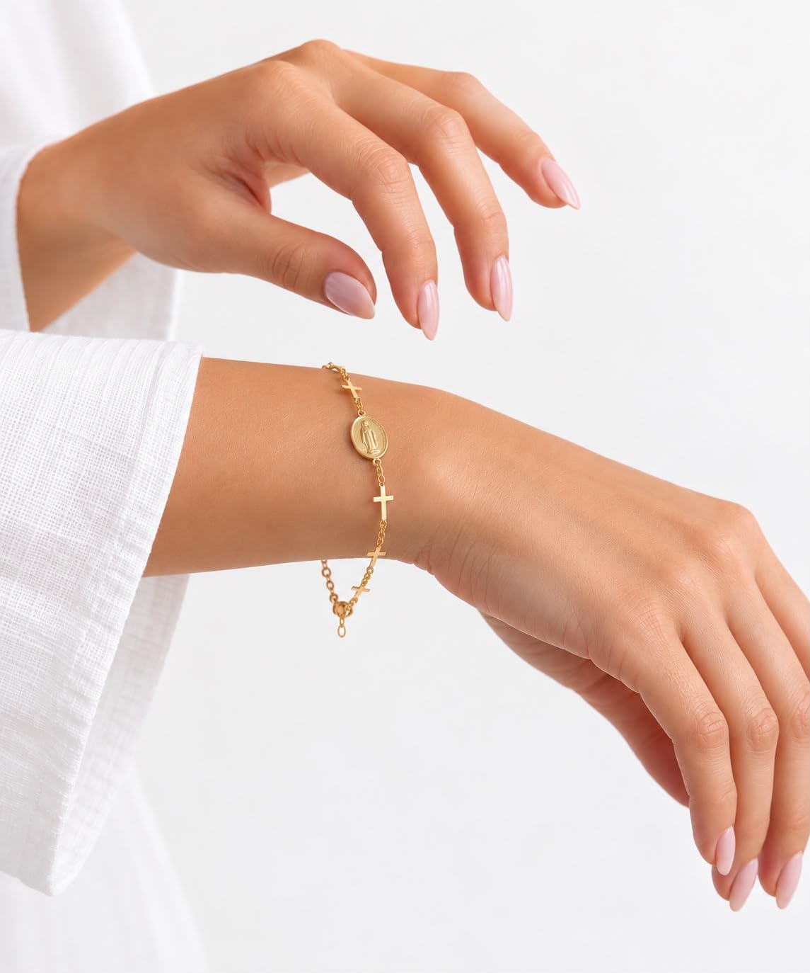 Stainless Steel Religious Bracelet with Virgin Mary medal & croses ; 18k Gold Plated, adjustable for women and men, faith jewelry gift