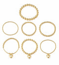 Gold Tone Beaded Stretch Bracelet Set with Heart Charm, 7 Piece