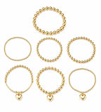 Gold Tone Beaded Stretch Bracelet Set with Heart Charm, 7 Piece