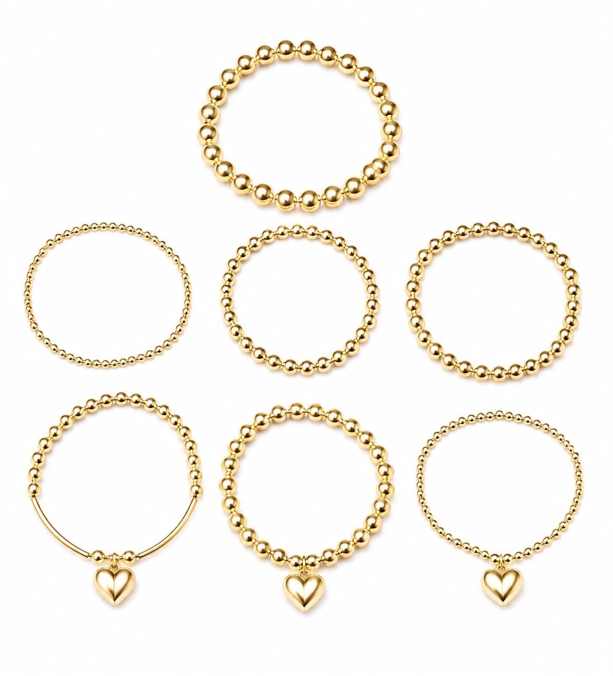 Gold Tone Beaded Stretch Bracelet Set with Heart Charm, 7 Piece