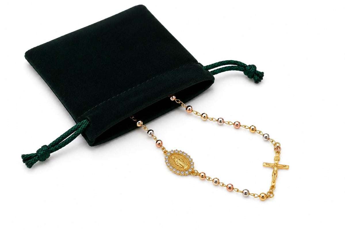 Gold-Plated Rosary Bracelet with Virgin Mary Medal and Crucifix