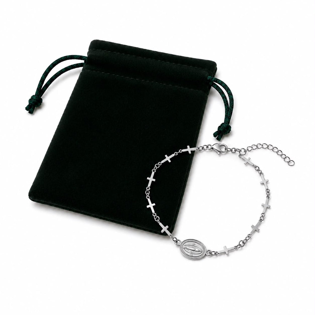 Stainless Steel Religious Bracelet with Virgin Mary Medal & Crosses