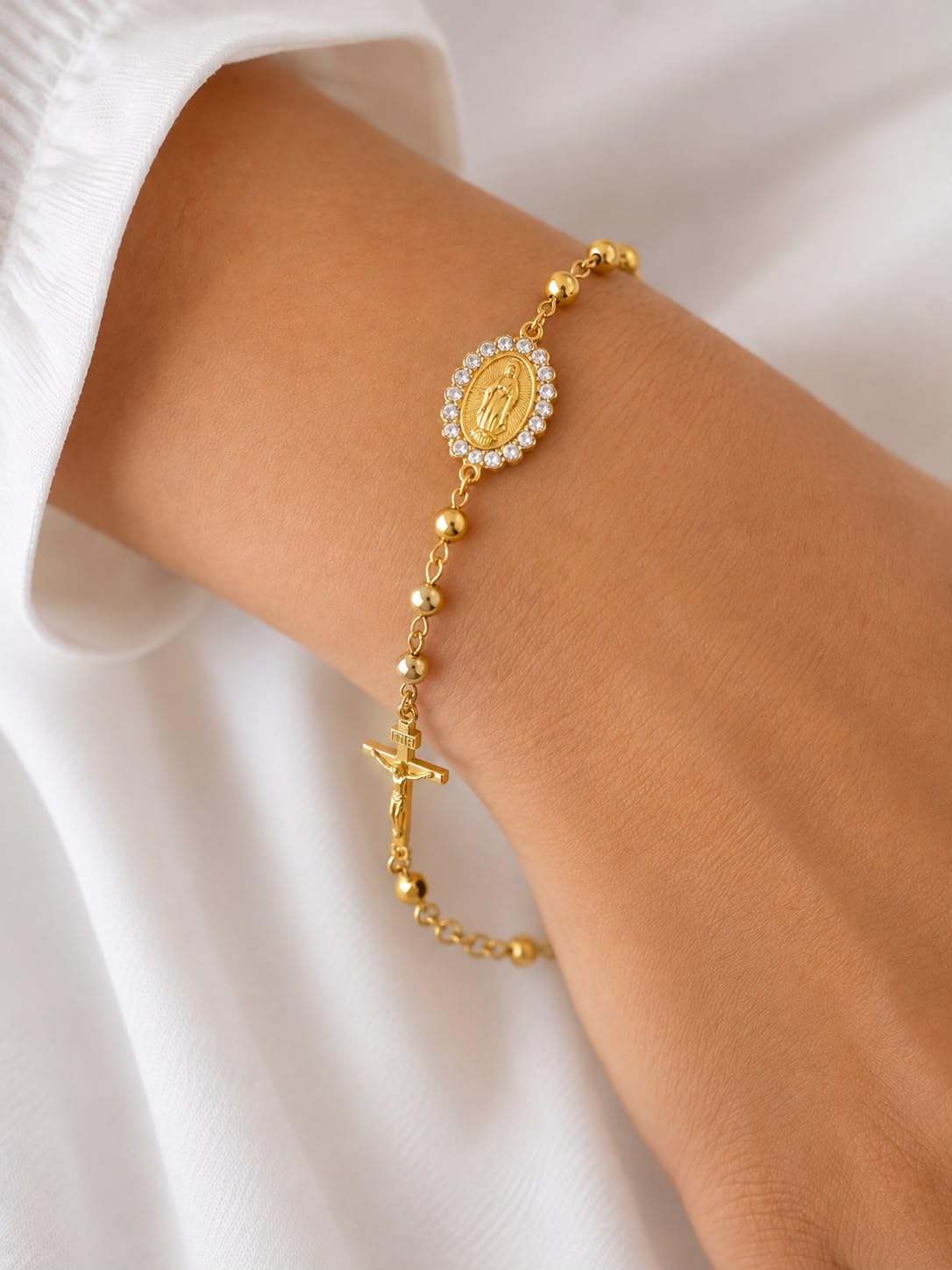 Gold-Plated Rosary Bracelet with Virgin Mary Medal and Crucifix