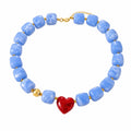 Blue Resin Beaded Necklace for Women with Red Heart Pendant, Gold-Tone Accents, Trendy Chunky Statement Jewelry