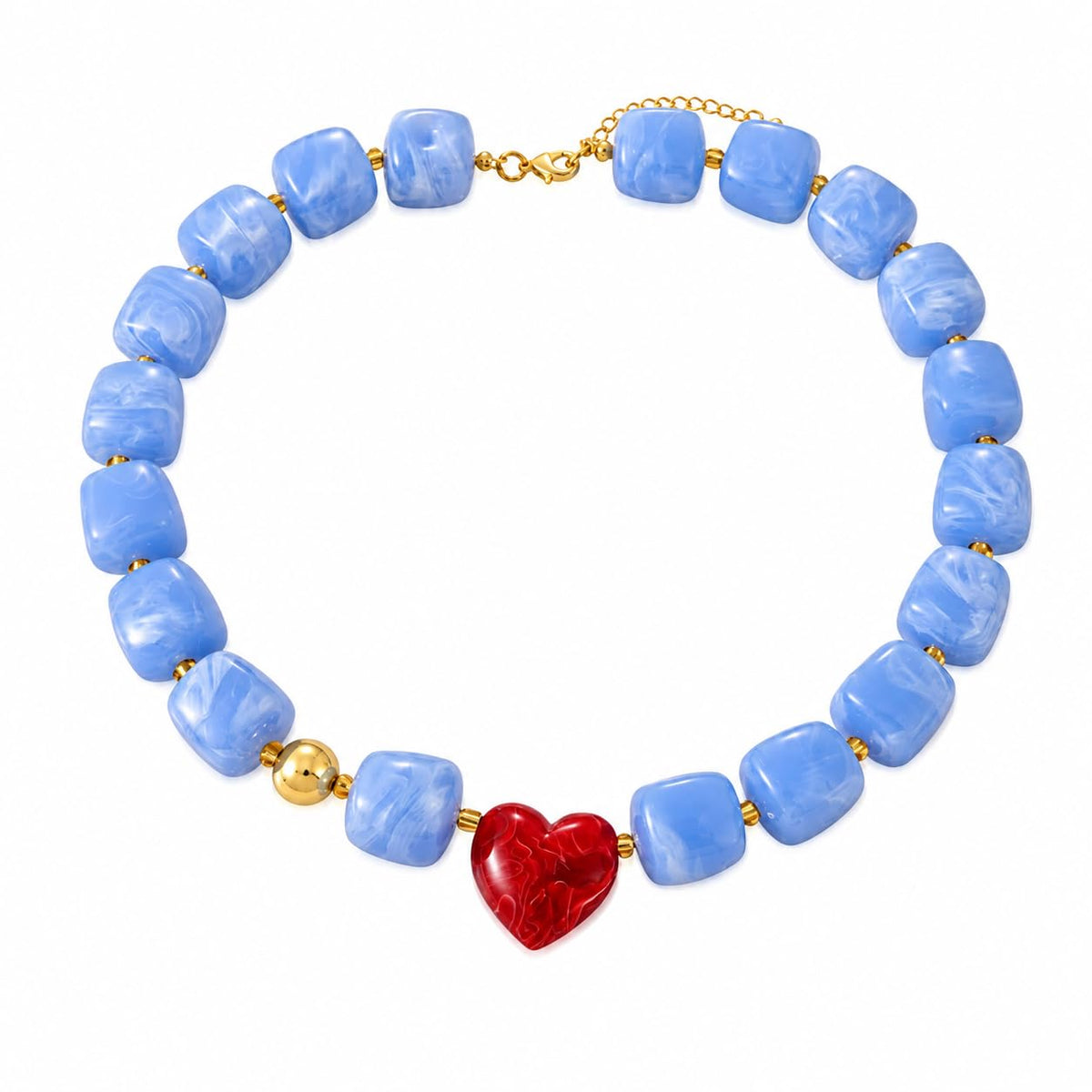 Blue Resin Beaded Necklace for Women with Red Heart Pendant, Gold-Tone Accents, Trendy Chunky Statement Jewelry