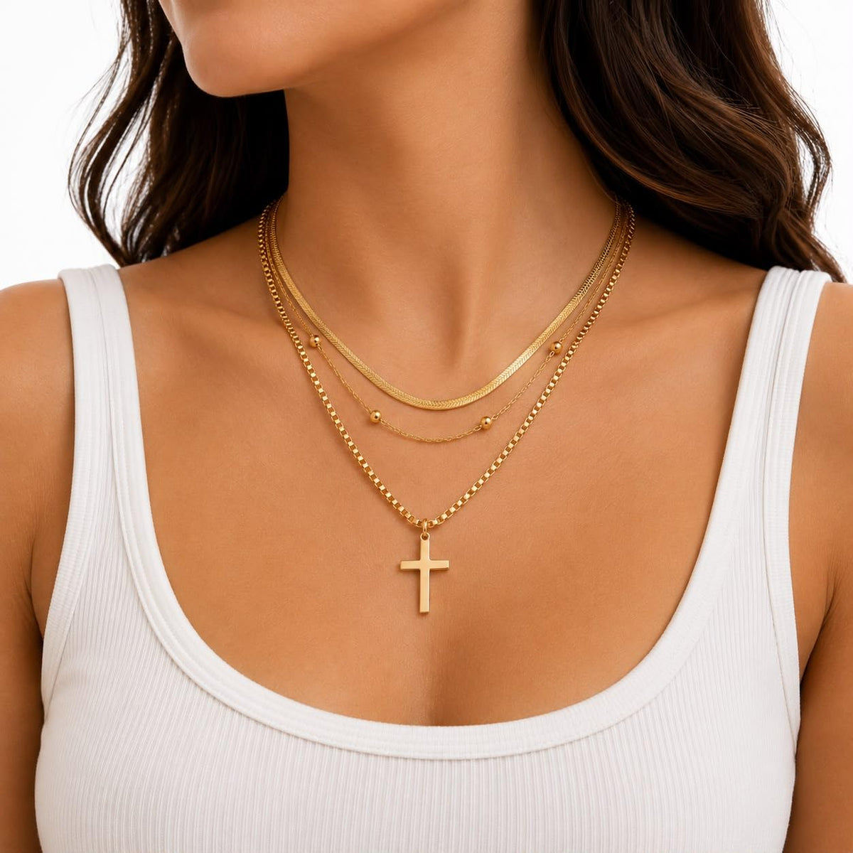 3-in-1 Layered Cross Pendant Necklace Gold-Plated Stainless Steel Included with Gift Box