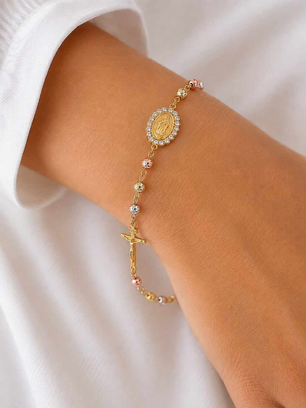 Gold-Plated Rosary Bracelet with Virgin Mary Medal and Crucifix