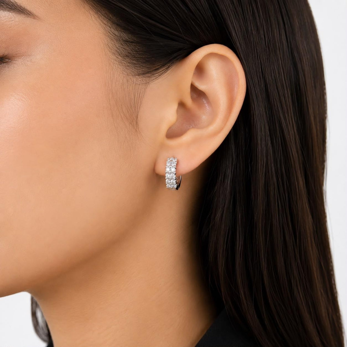 925 Sterling Silver Huggie Hoop Earrings for Women, Sparkling CZ Double Row Small Hoops, Elegant Lightweight Jewelry, Gift Pouch Included