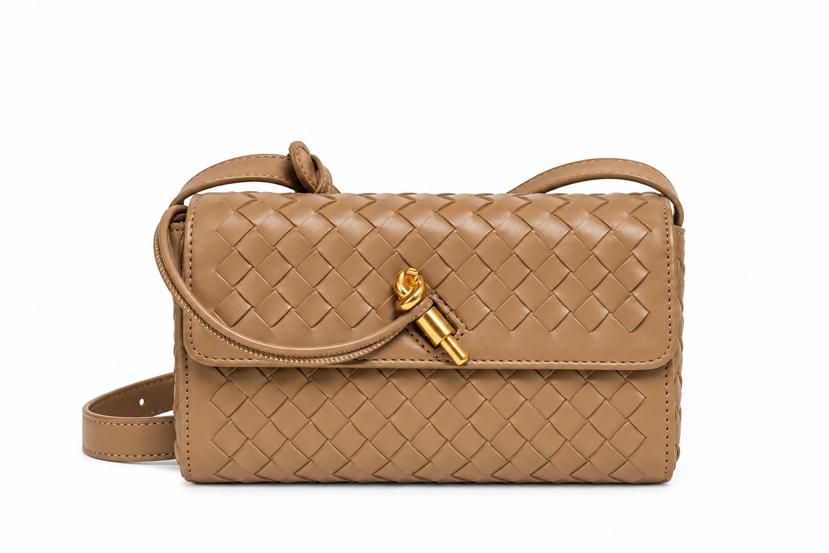 Woven Crossbody Bag with Gold Knot Closure