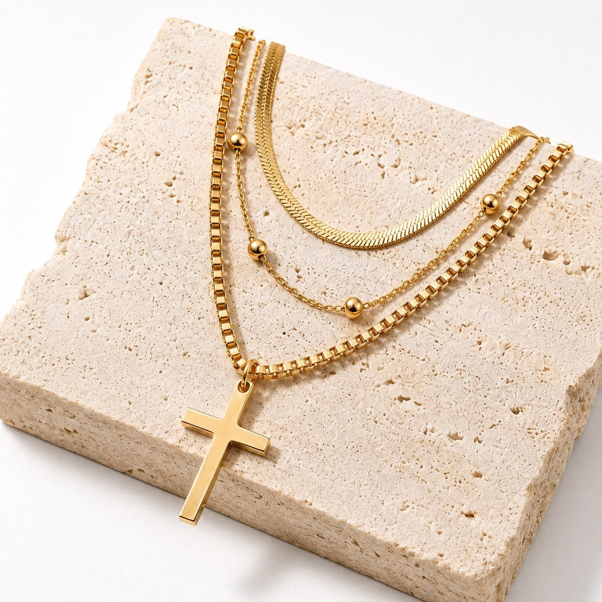 3-in-1 Layered Cross Pendant Necklace Gold-Plated Stainless Steel Included with Gift Box
