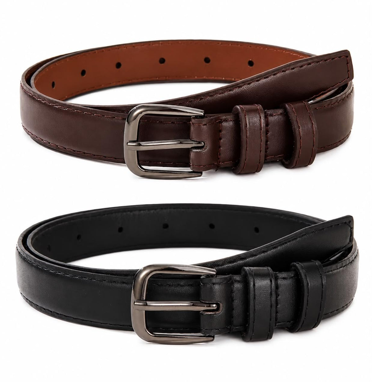 Women's Leather Belt, Black and Brown, 2 Pack