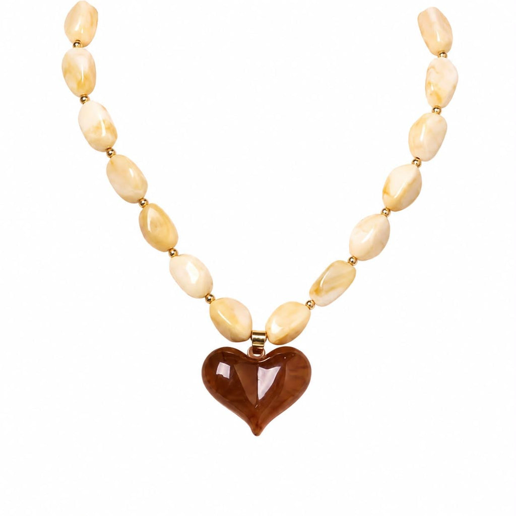Beaded Heart Pendant Necklace, Cream & Brown