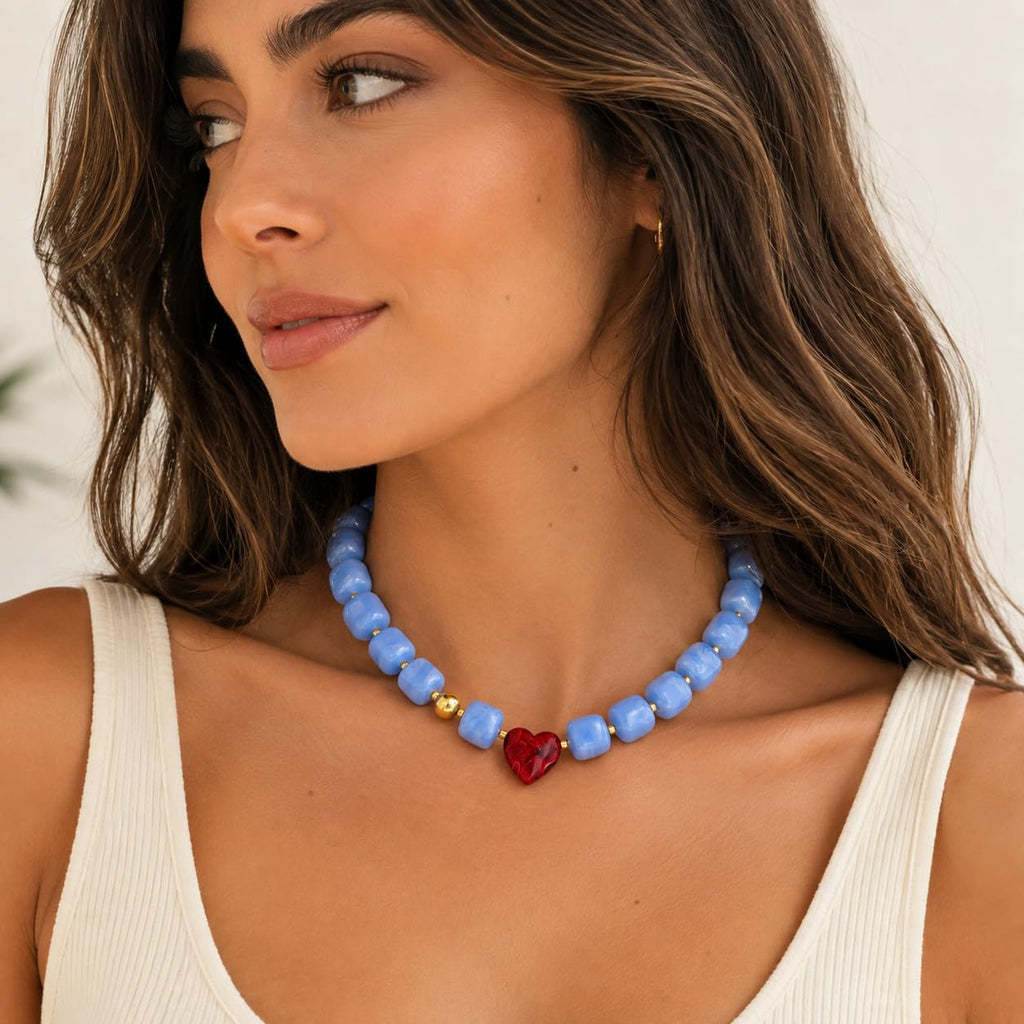 Blue Resin Beaded Necklace for Women with Red Heart Pendant, Gold-Tone Accents, Trendy Chunky Statement Jewelry