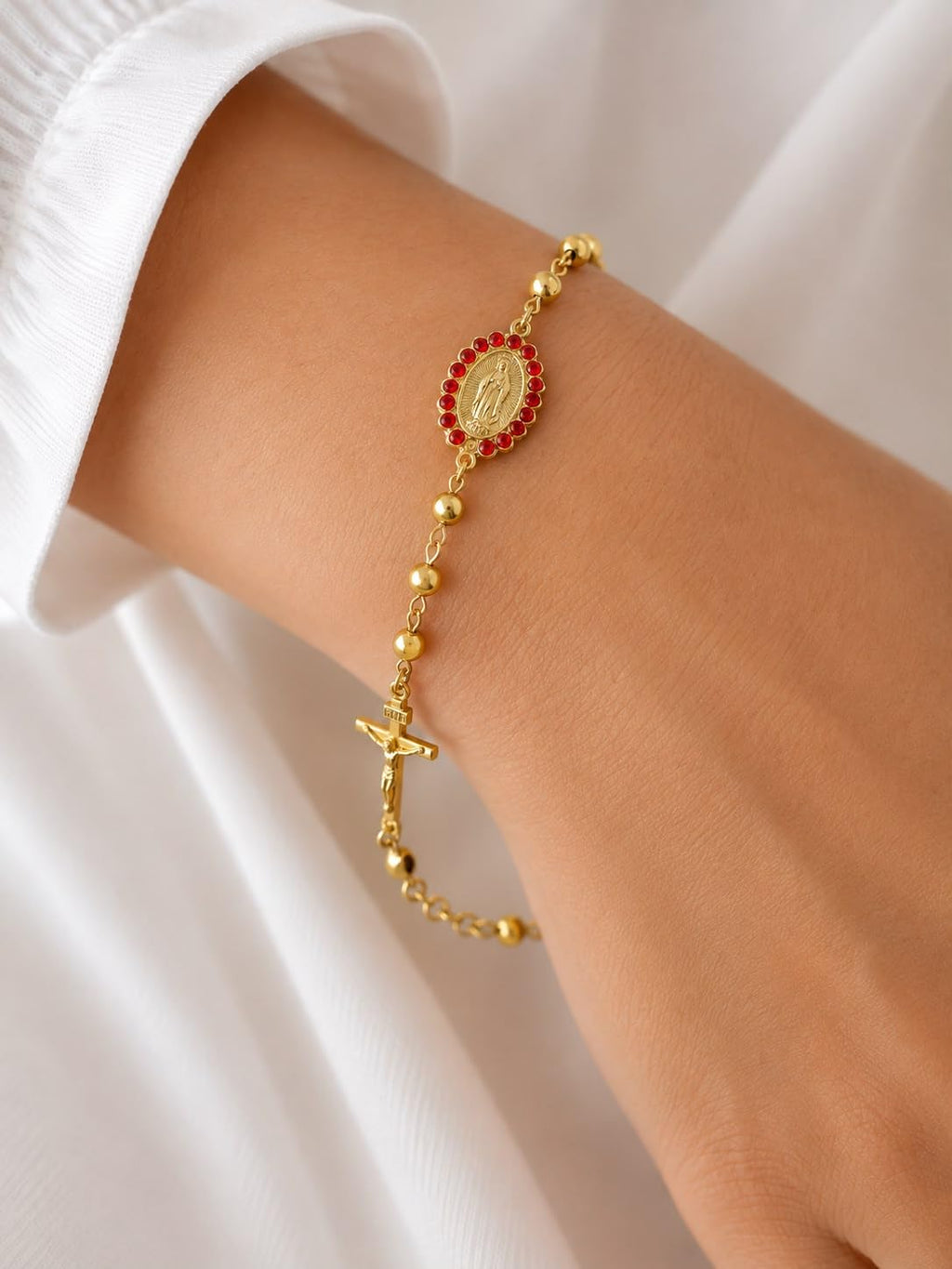 Gold-Plated Rosary Bracelet with Virgin Mary Medal and Crucifix