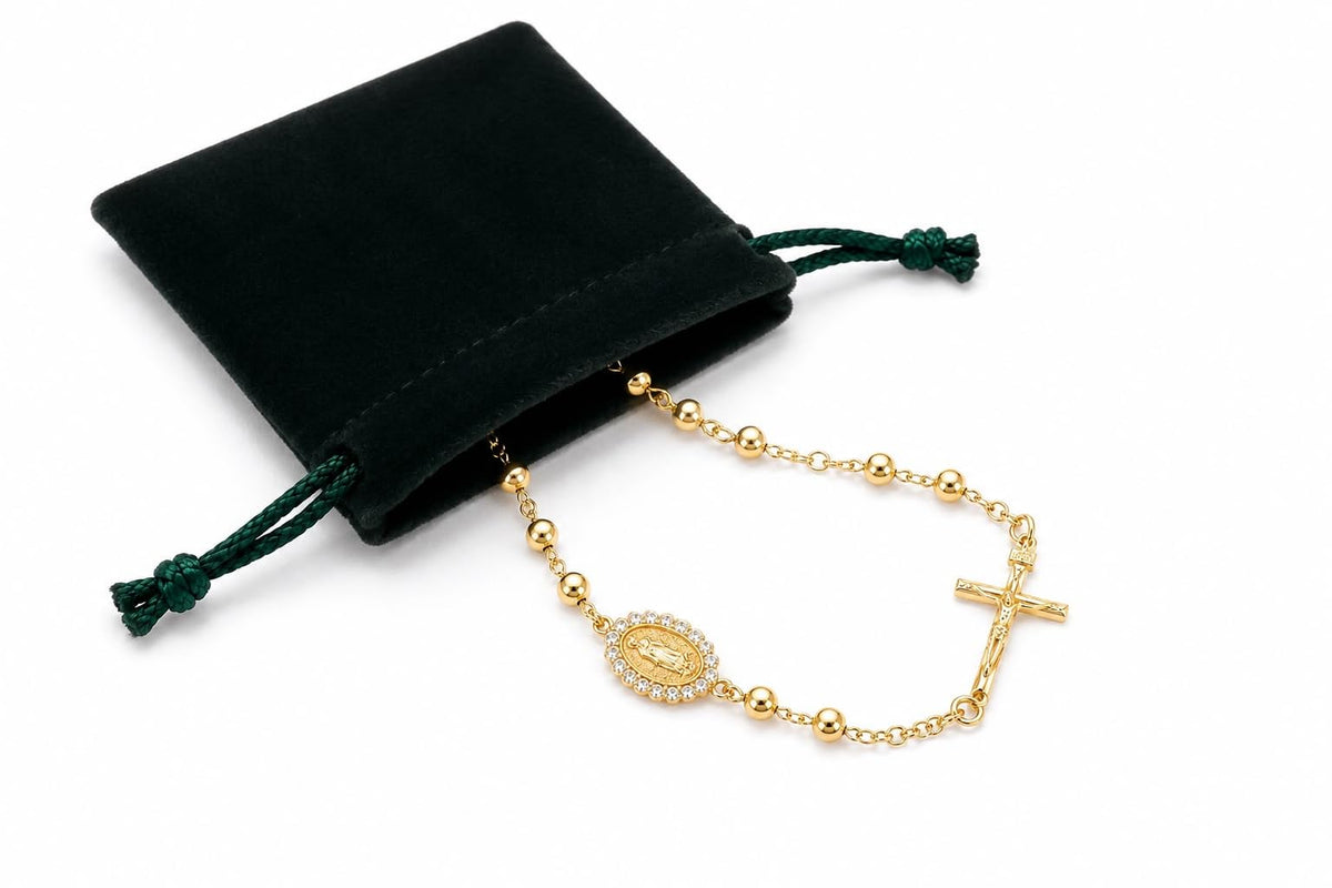 Gold-Plated Rosary Bracelet with Virgin Mary Medal and Crucifix