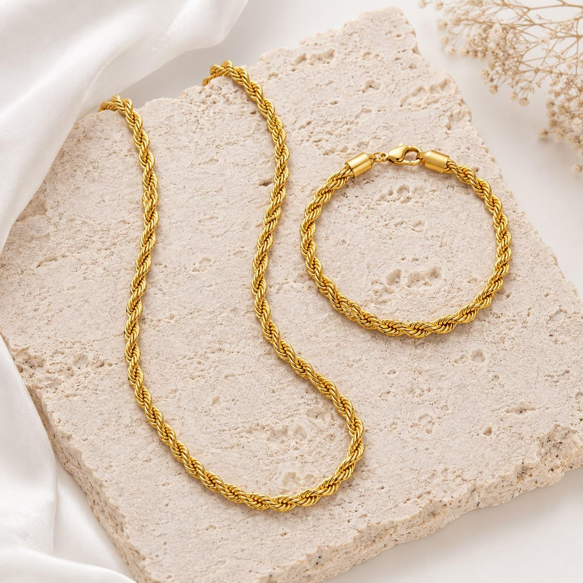 Gold-Plated Rope Chain Necklace & Bracelet Set