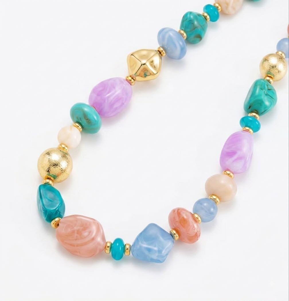 Multicolor Pastel Beaded Necklace with Gold-Tone Accents