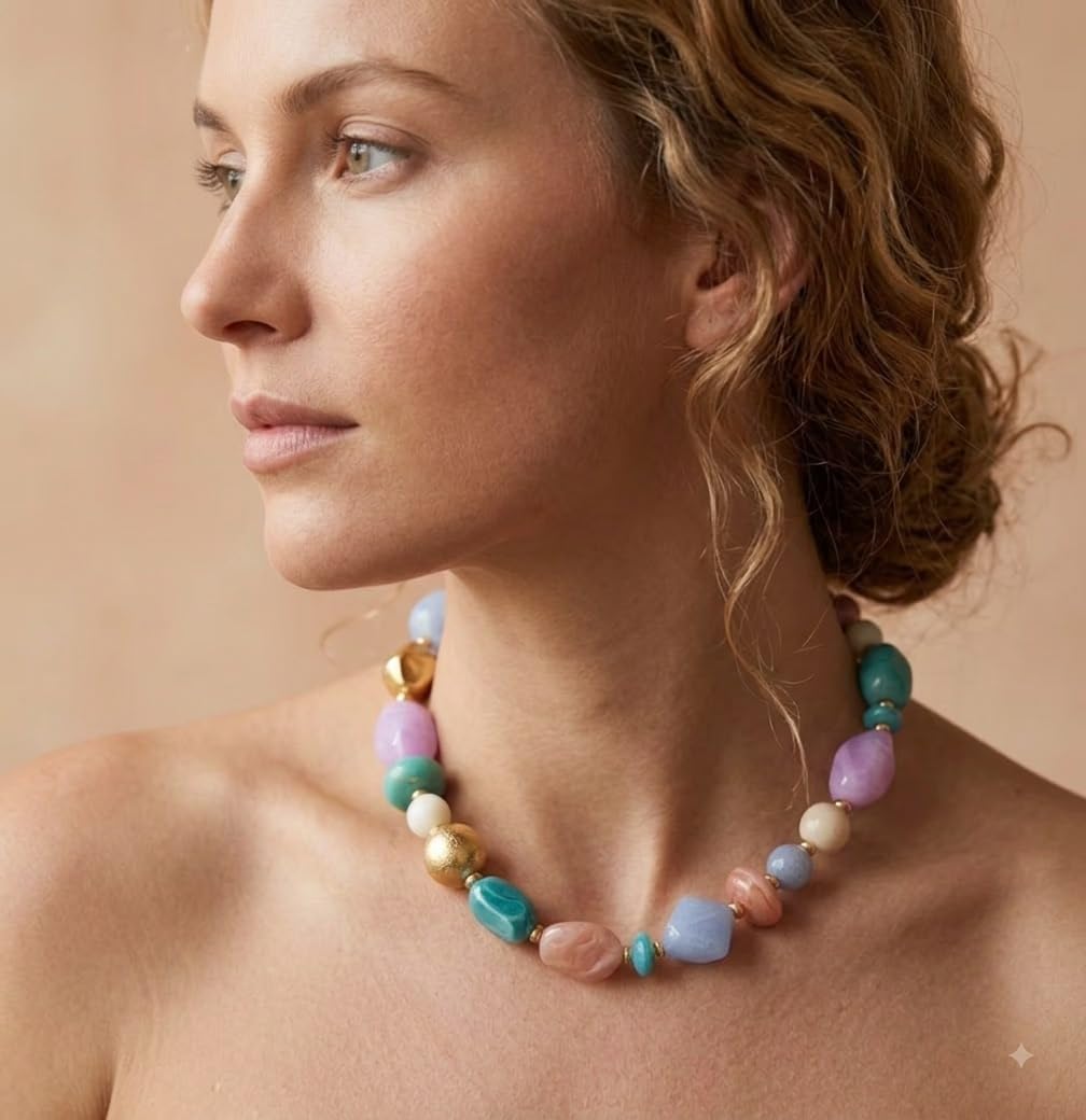 Multicolor Pastel Beaded Necklace with Gold-Tone Accents
