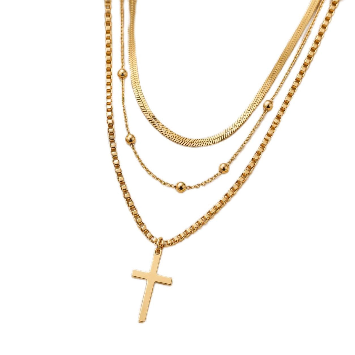 3-in-1 Layered Cross Pendant Necklace Gold-Plated Stainless Steel Included with Gift Box