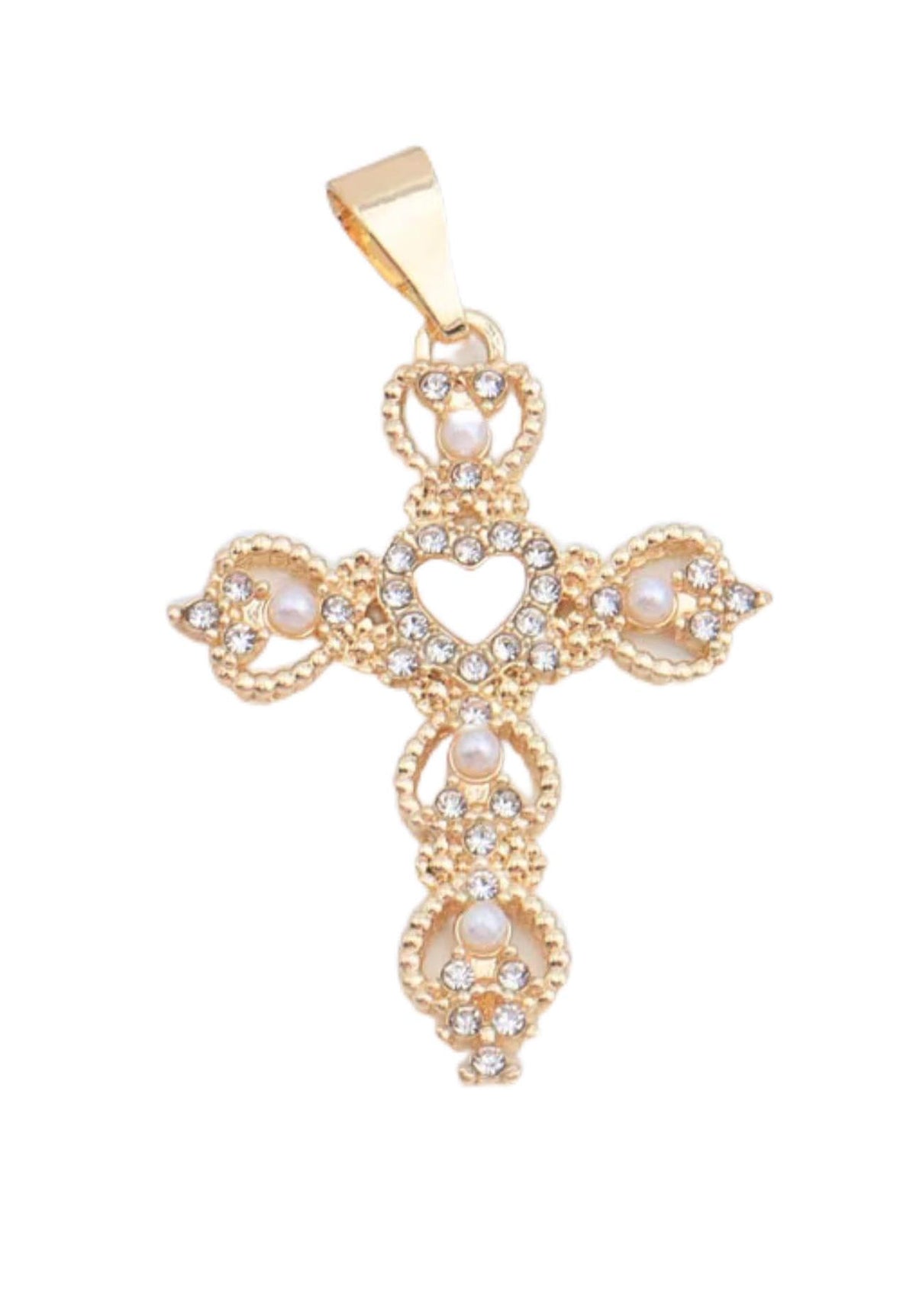 14K Gold-Plated Cross Pendant for Women – Stainless Steel Religious Charm with Pearl & Cubic Zirconia Accents – Elegant Christian Jewelry