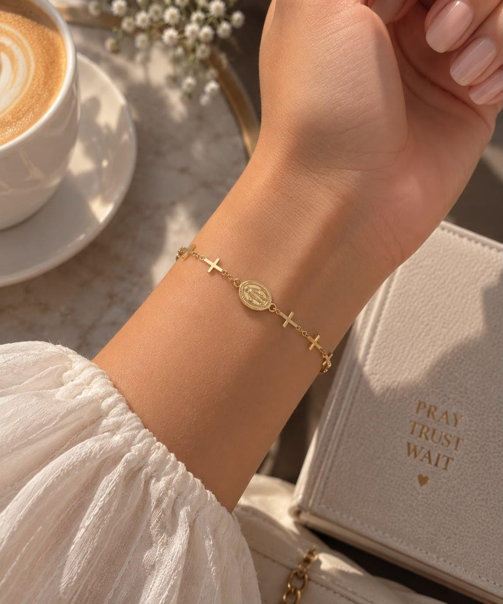 Stainless Steel Religious Bracelet with Virgin Mary medal & croses ; 18k Gold Plated, adjustable for women and men, faith jewelry gift