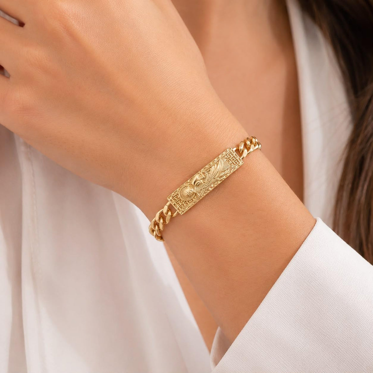 Gold-Tone Cuban Chain ID Bracelet with Engraved Plate