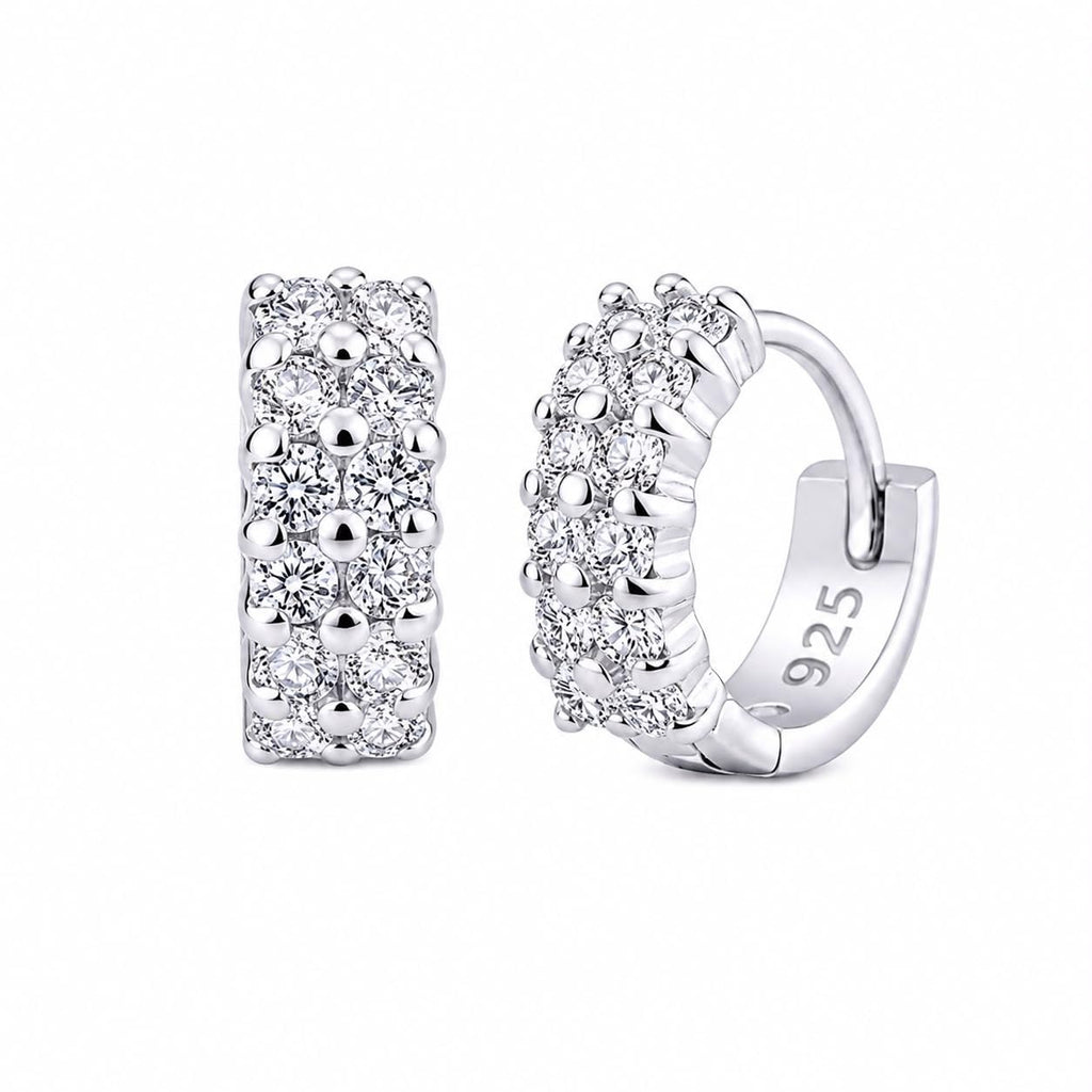 925 Sterling Silver Huggie Hoop Earrings for Women, Sparkling CZ Double Row Small Hoops, Elegant Lightweight Jewelry, Gift Pouch Included